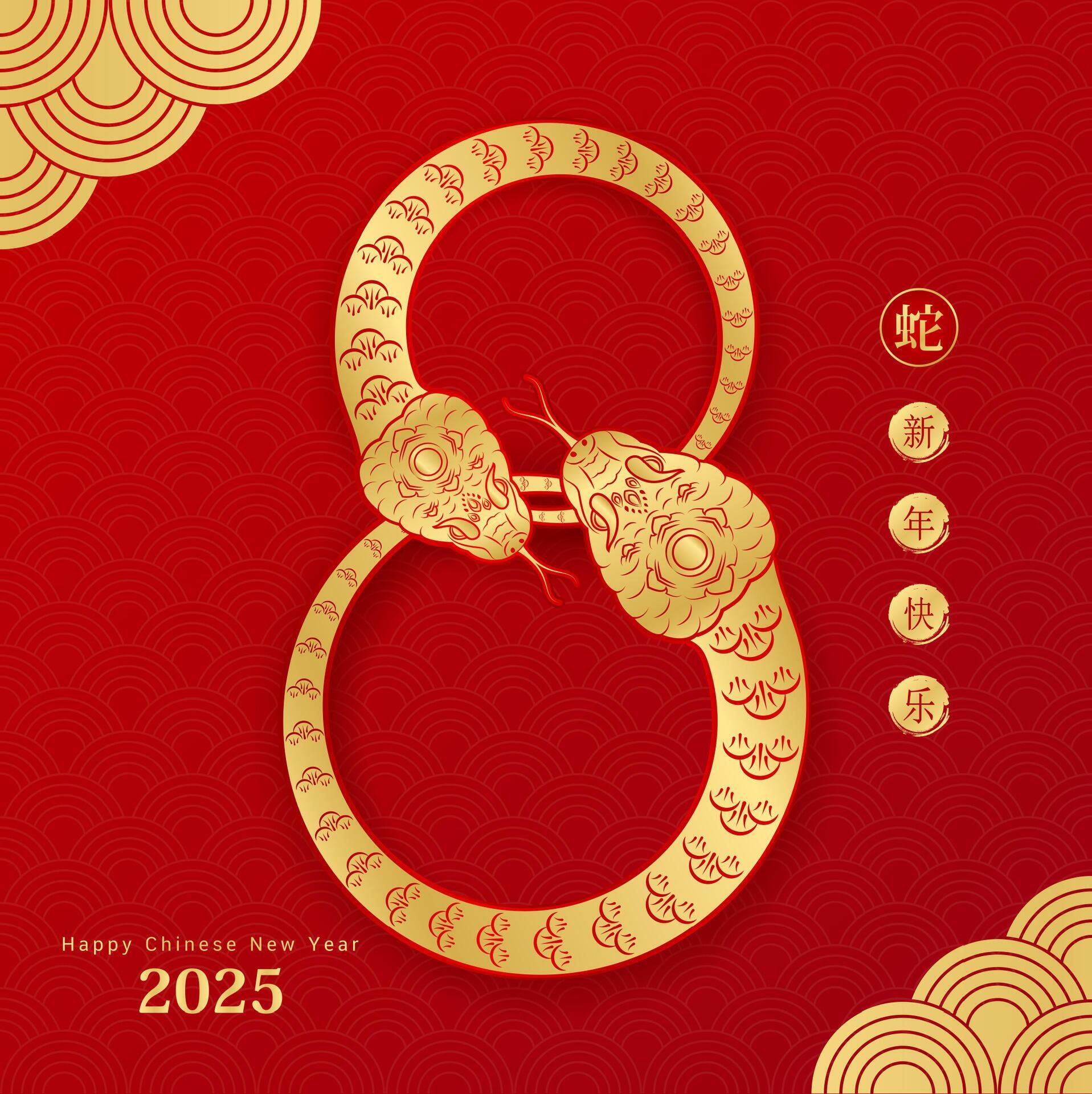 Happy Chinese New Year 2025 Golden snakes zodiac on red background for Happy Chinese New Year 2025 Golden snakes zodiac on red background for