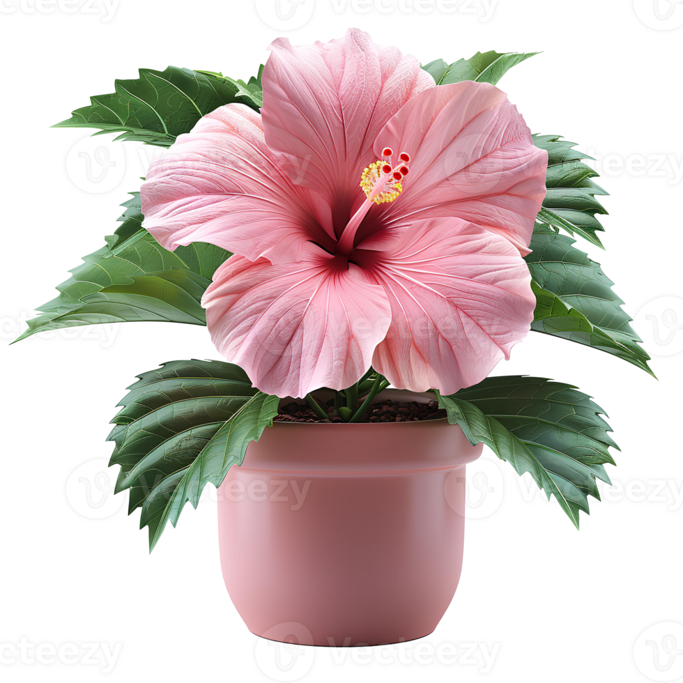 Hibiscus flower in flower pot . Pink hibiscus flower with green luscious leaves . Summertime flower of hibiscus isolated png