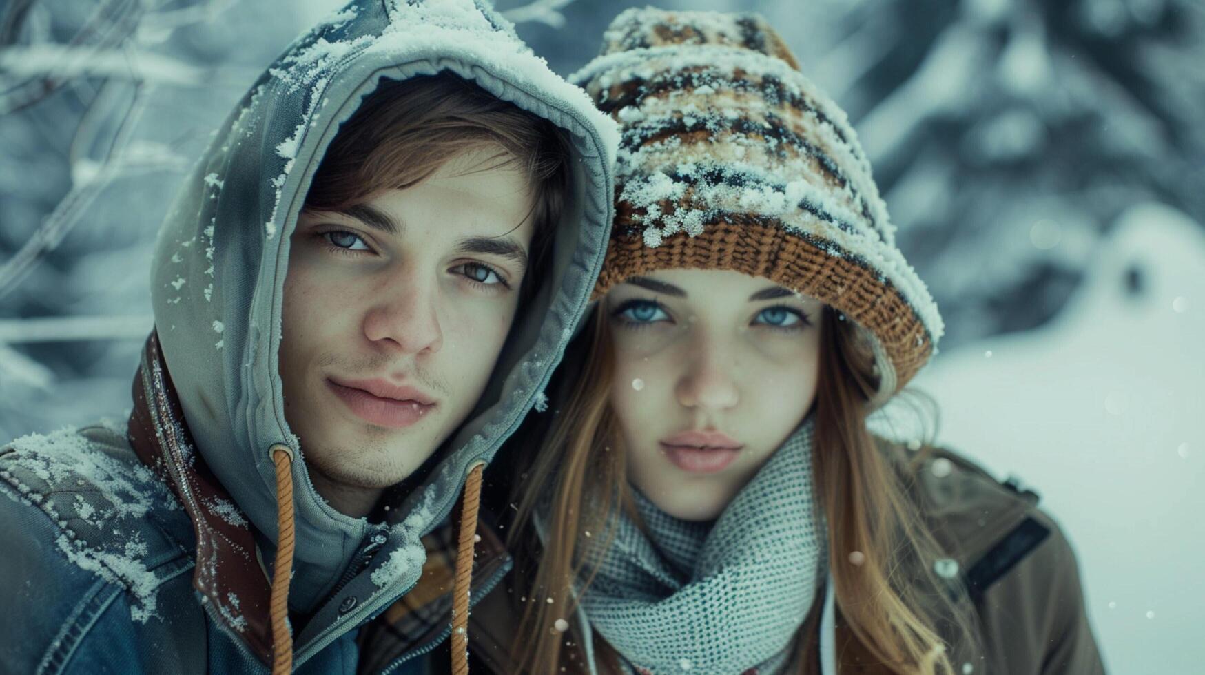 young couple in hooded shirts looking at camera photo