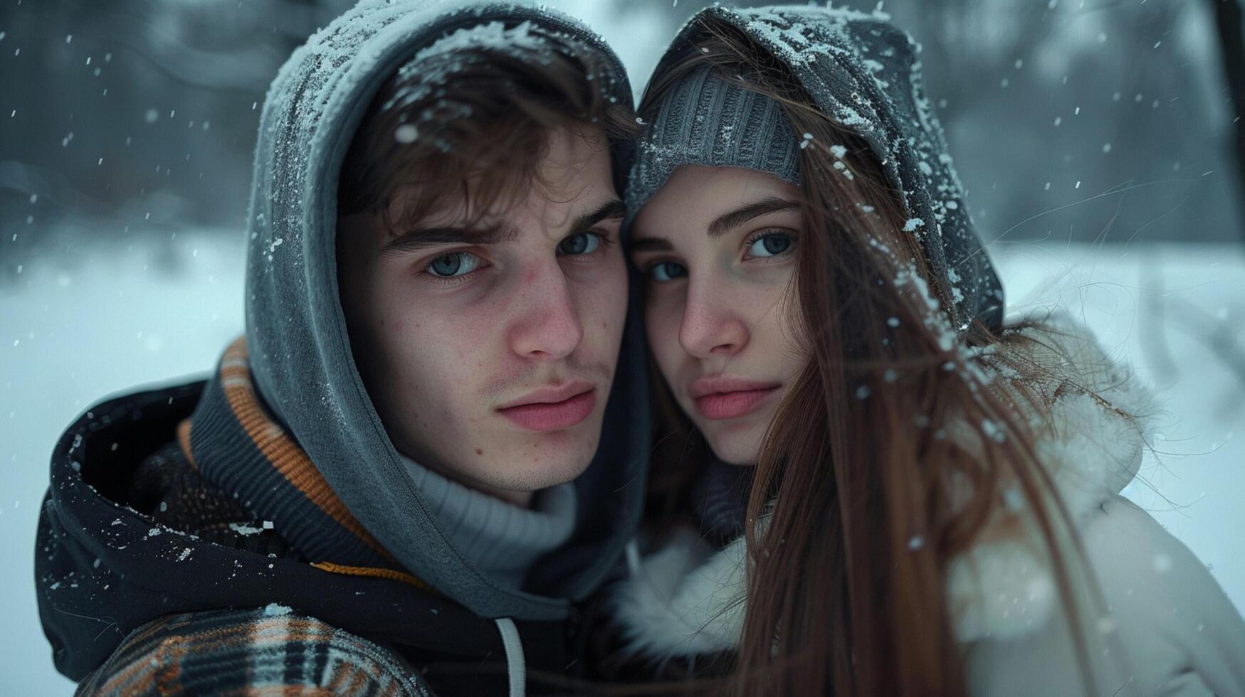 young couple in hooded shirts looking at camera photo
