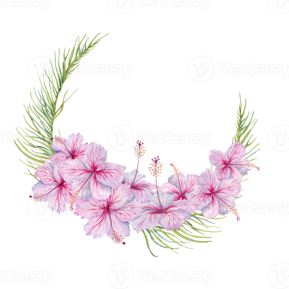 Pink Hibiscus Flowers with palm tree leaves wreath. Hand drawn watercolor illustration isolated on transparent background. Copy space design with tropical flowers for cards, logos and invitations png
