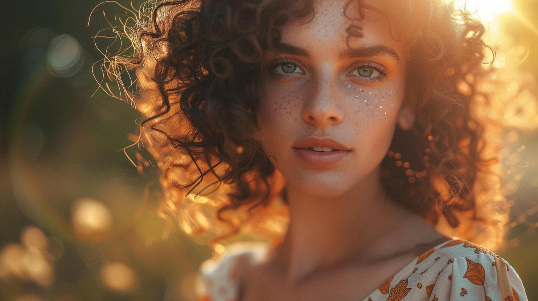 young woman with curly hair looking at camera photo
