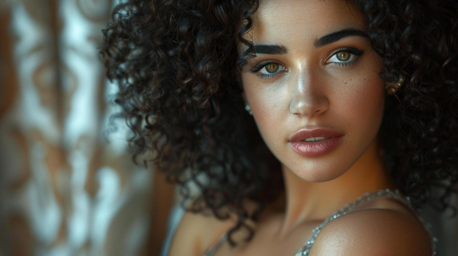 young woman with curly hair looking at camera photo