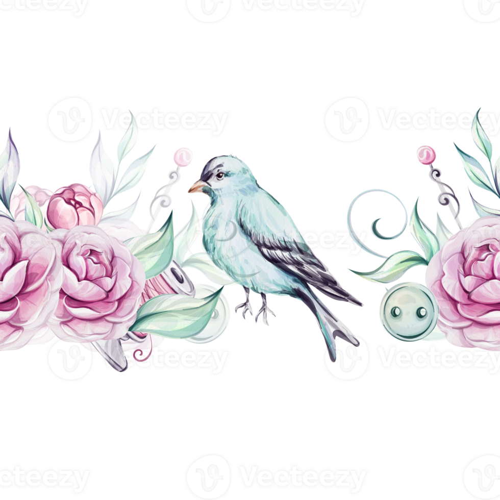 Watercolor seamless border, pattern - blue victorian beard, springtime composition, pink roses, flower, brunch and leaves. Romantic peony. Isolated. For greeting cards, wedding, fabric, printing png