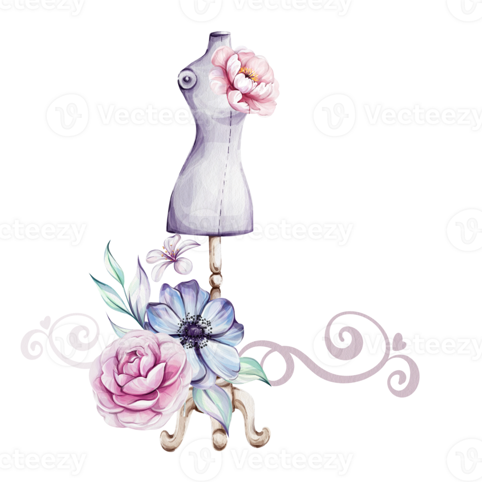 Watercolor template with Mannequin Stand, for Tailoring and Fashion Design with flowers and ribbon for logo, postcard, fabric, printing. Dressmaker production for fashion in retro style png