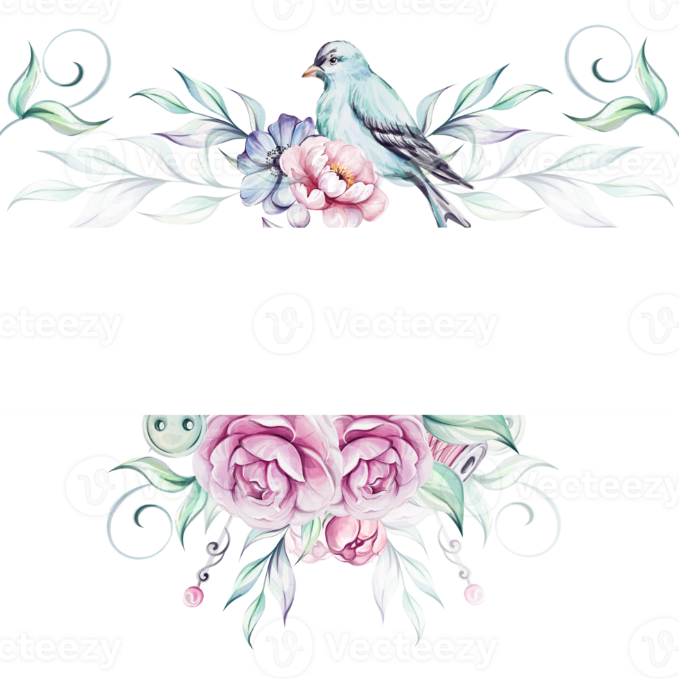Watercolor frame - springtime blue victorian beard and pink roses, flower, brunch and leaves. Springtime botanic. Romantic peony. Isolated. For greeting cards, wedding, fabric, printing png