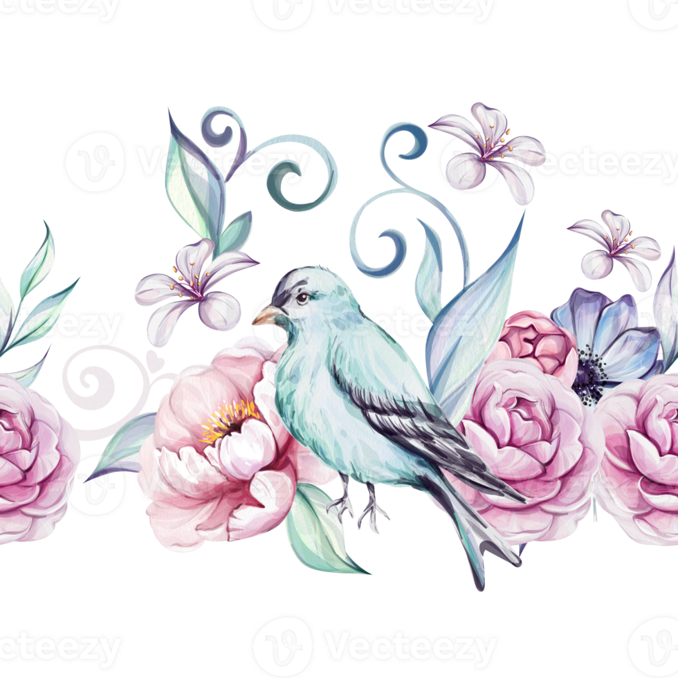 waterverf naadloos grens blauw Victoriaans baard, lente samenstelling, roze rozen, bloem, brunch en bladeren. romantisch pioen. geïsoleerd. voor groet kaarten, bruiloft, kleding stof, het drukken png