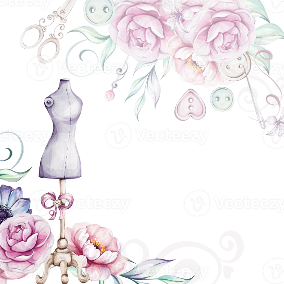 Watercolor template, board with Mannequin Stand, for Tailoring and Fashion Design with flowers and ribbon for logo, postcard, fabric, printing. Dressmaker production for fashion in retro style png
