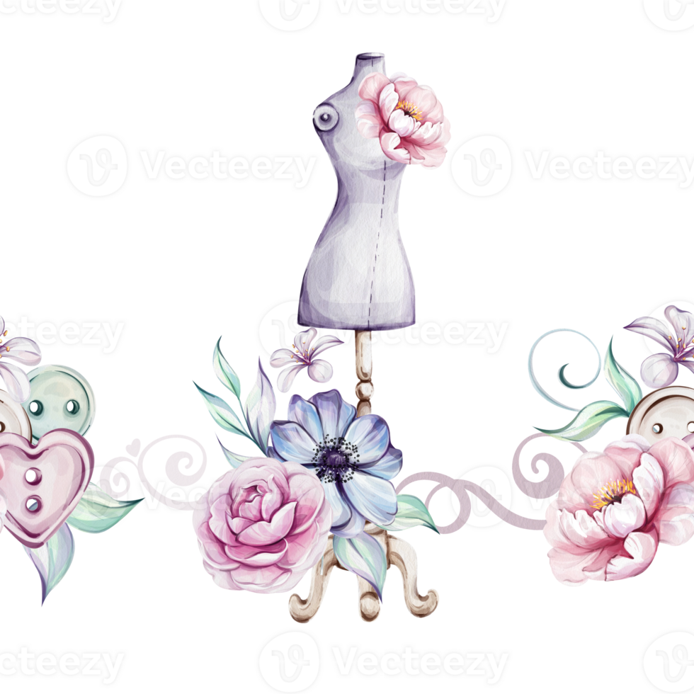 Watercolor seamless border with Mannequin Stand, for Tailoring and Fashion Design with flowers and ribbon for logo, postcard, fabric, printing. Dressmaker production for fashion in retro style png