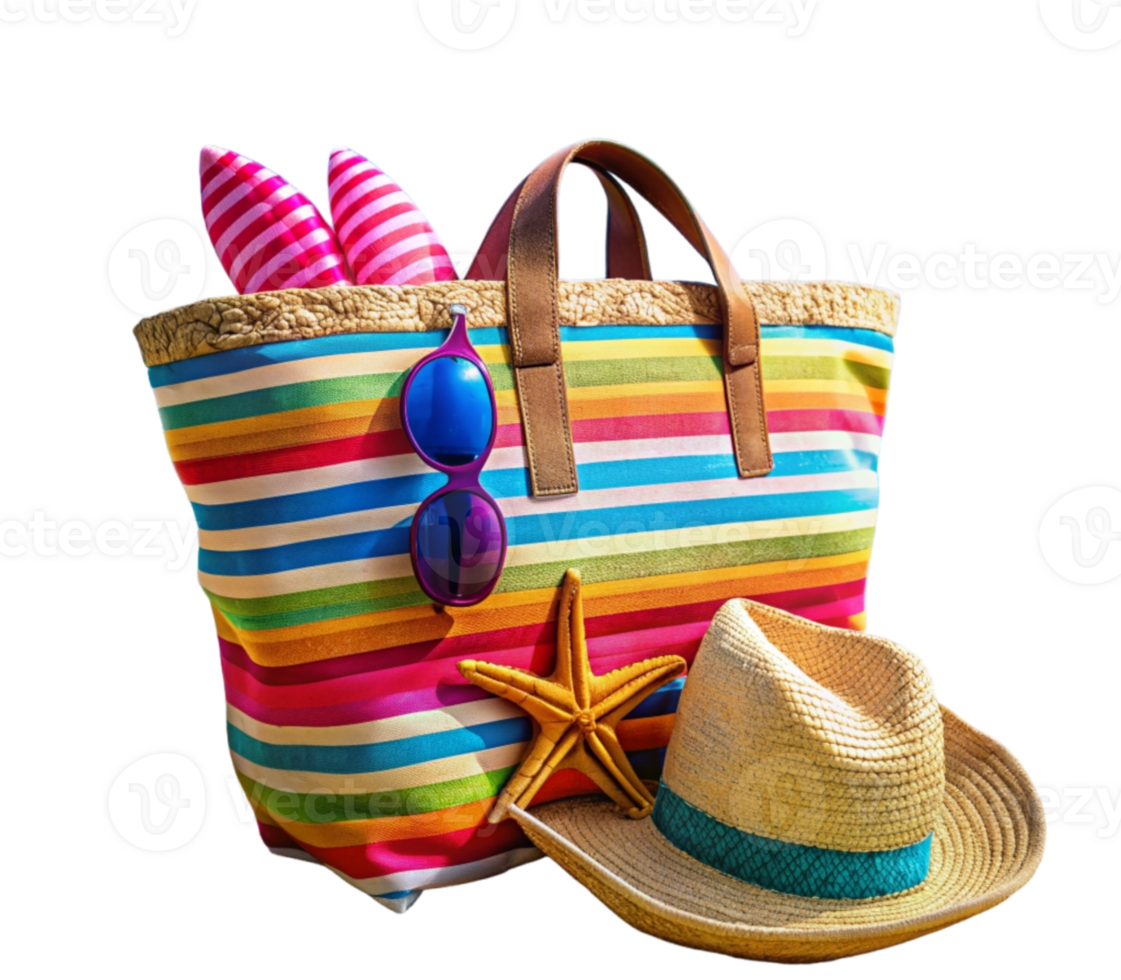 Beach bag standing on sand with sun shining in blue sky- png