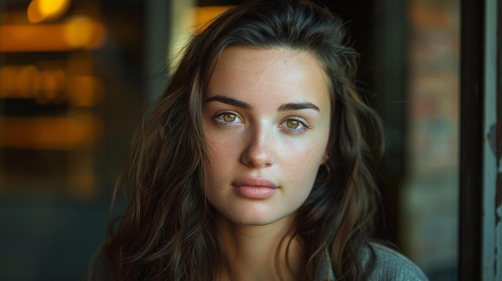 young woman with brown hair looking at camera photo