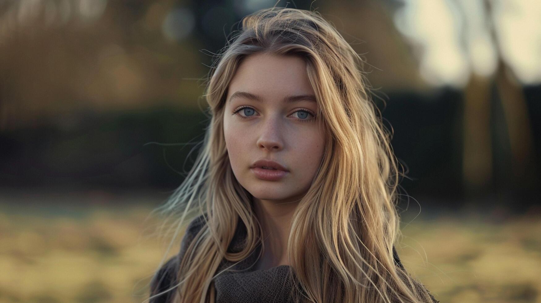 young woman with long blond hair looking at camera photo