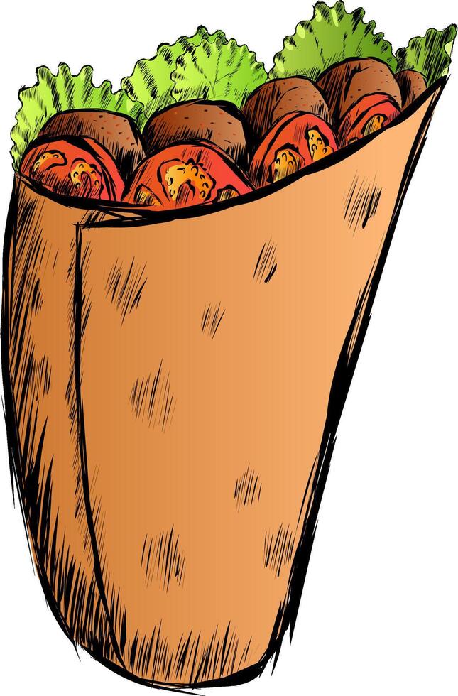 Beautiful daurma with tomatoes lettuce and meat. Cartoon Stroke Style With Stroke Sketch Style. illustration Fast food that has spread all over the world vector