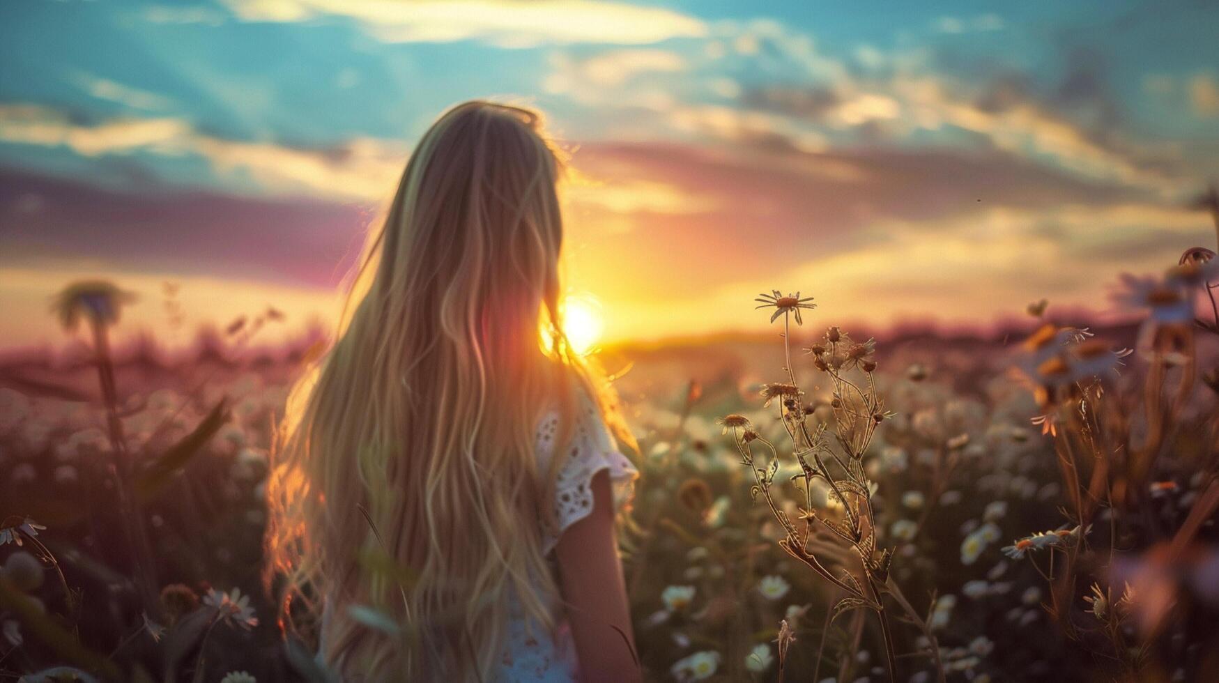 young woman with long blond hair enjoying the summer photo