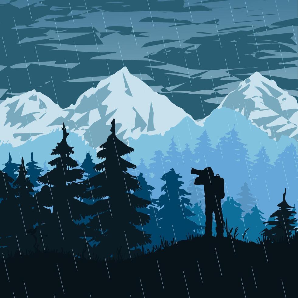 A photographer at the moment of shooting the natural landscape of the mountain range and spruce forest of Alaska. illustration dark rainy sky over mountains and drizzling rain. Silhouette of a vector