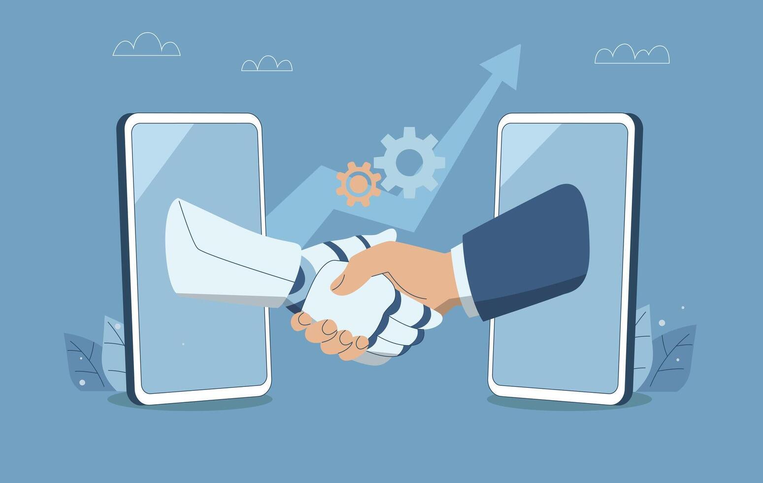 Human and robot hands shake hands through a smartphone, Cooperation between humans and robots, AI, Human and artificial intelligence collaboration, Modern technology and innovation concept. . vector