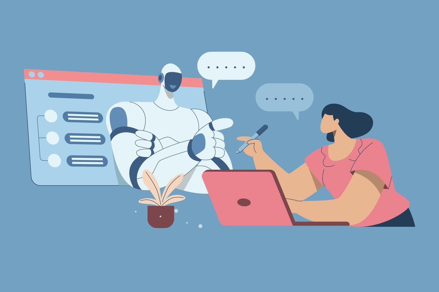 Woman talking to robot Ask questions and get answers in the chatbot service. Chatbot AI online communication, Automated text or voice conversations, Increasing efficiency in business, design. vector