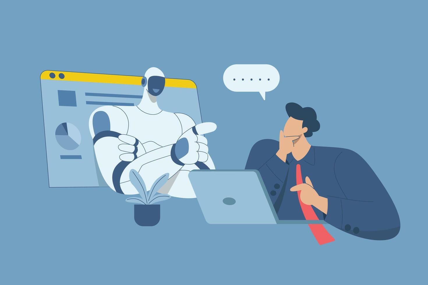Chatbot AI online communication, Automated text or voice conversations, Robot answer customer questions in chatbot services, Increasing efficiency in business, design illustration. vector