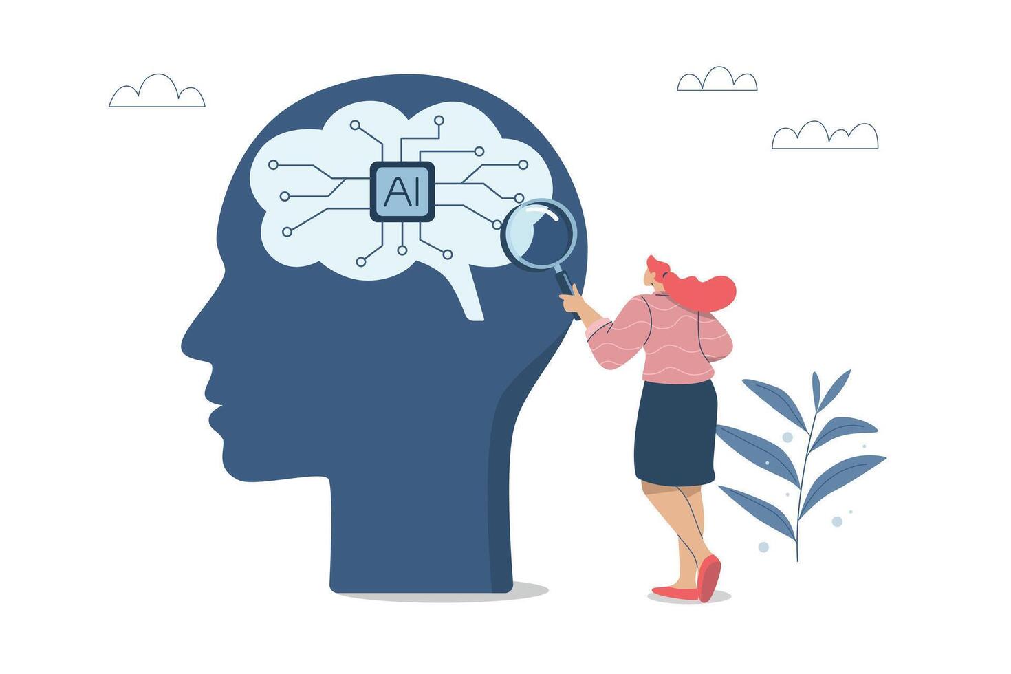 Accurate analysis of data or facts from artificial intelligence, Humans analyze data generated by AI. Businesswoman uses a magnifying glass to look at the complex circuitry in a robot brain, . vector