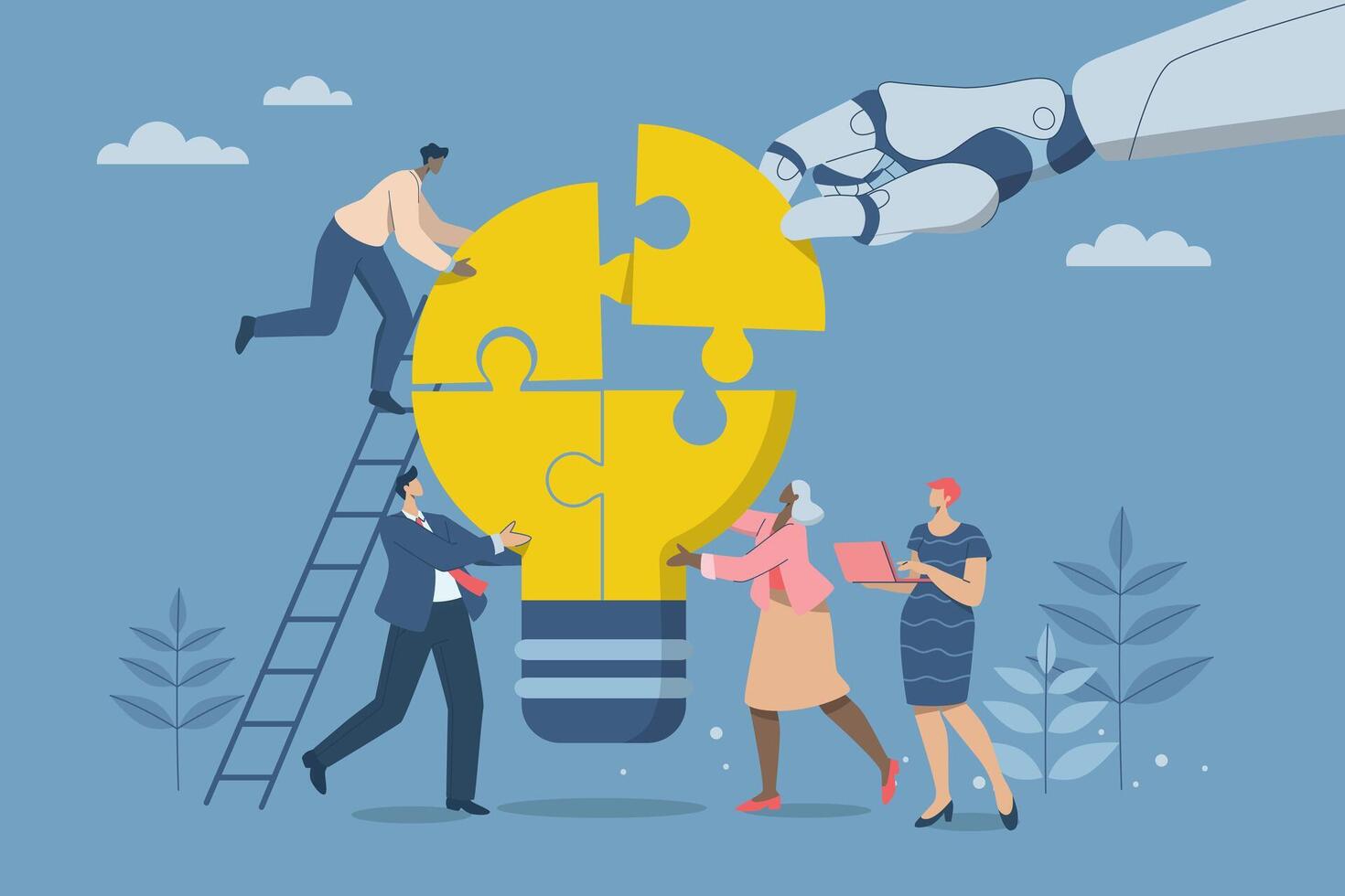 Collaboration of personnel with artificial intelligence or AI, New innovation development, Symbol of teamwork with AI, Businessmen work together to complete a light bulb jigsaw puzzle. design. vector