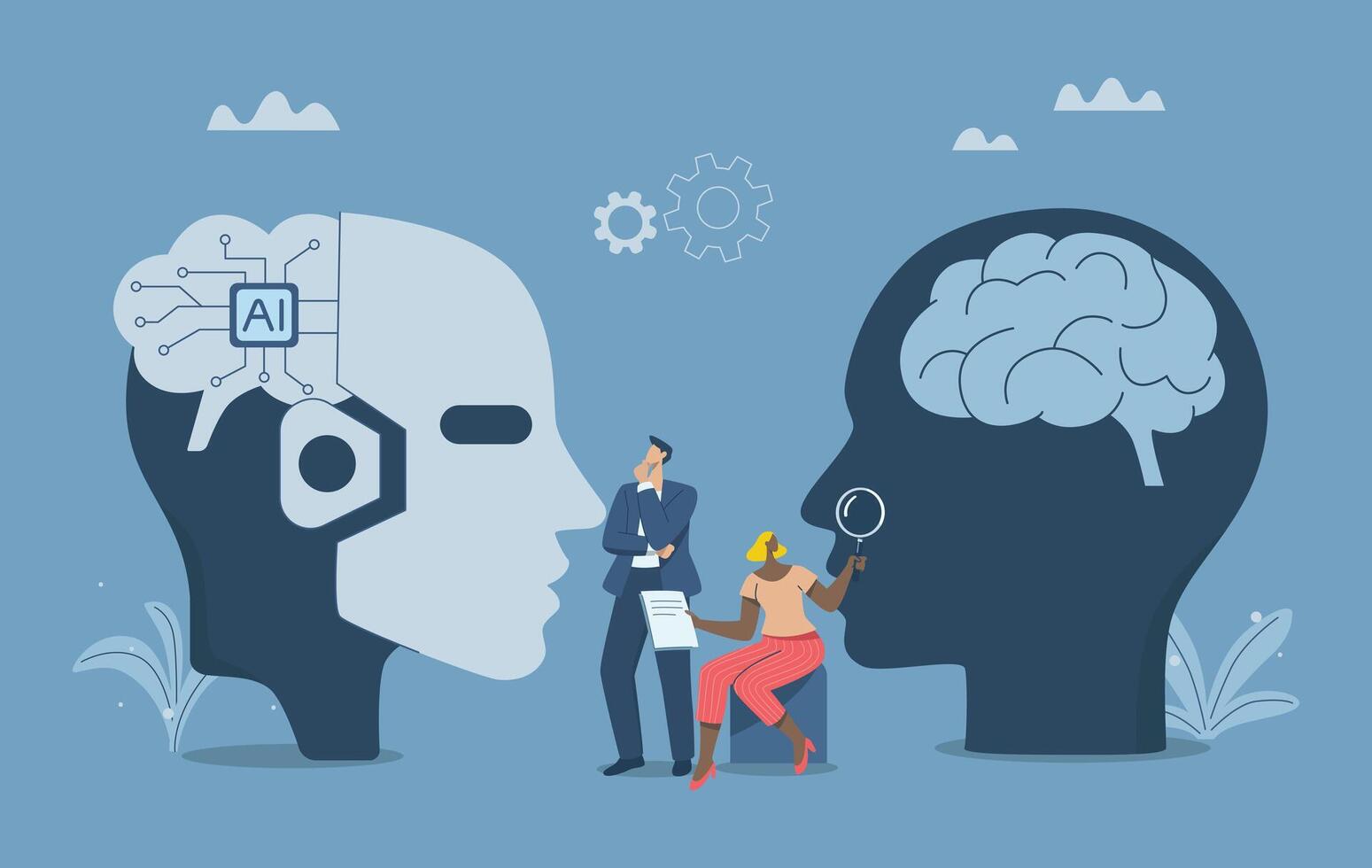 Analysis of data obtained from AI and people, Choosing a project that is suitable for AI or humans, Expertise or intelligence between humans and artificial intelligence, design illustration. vector