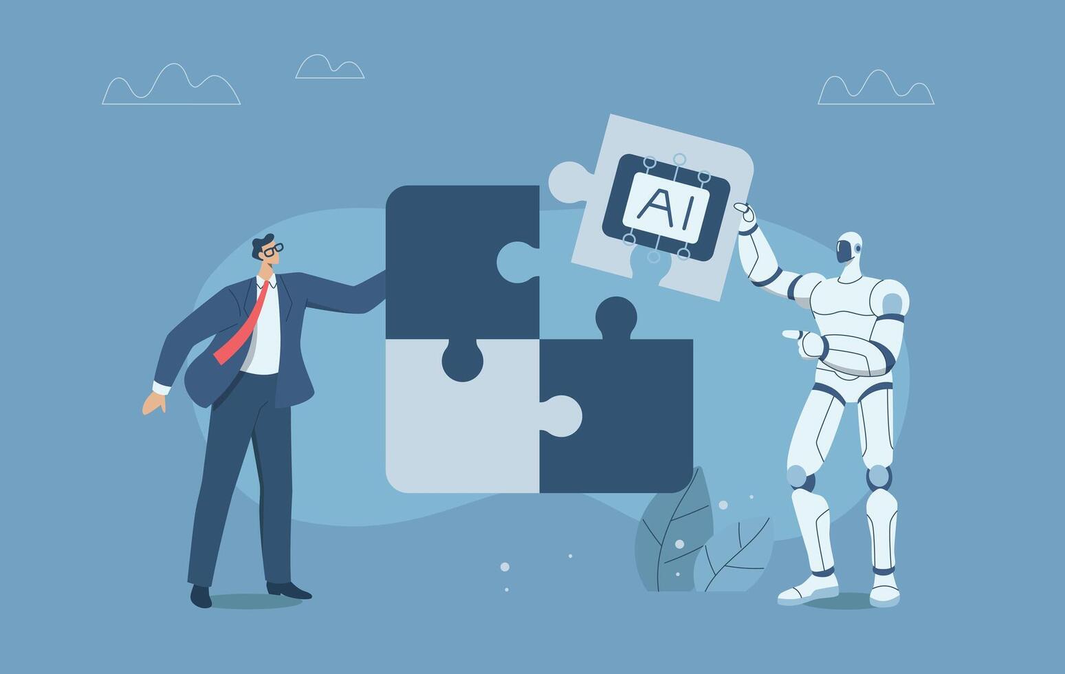 Businessman build a jigsaw puzzle together with a robot, Collaboration of personnel with artificial intelligence, Teamwork with AI, Development of innovation and new technology, illustration. vector