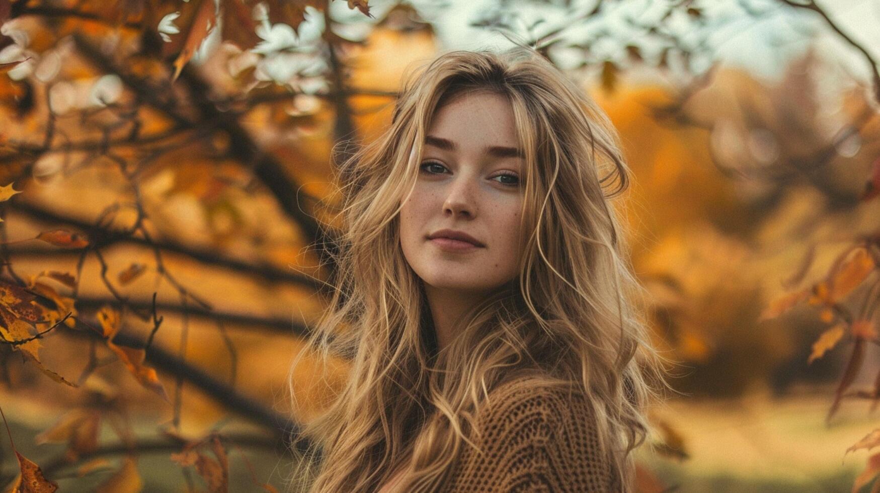young woman with long blond hair enjoying autumn photo