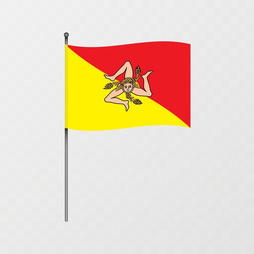 Sicily region flag on flagpole. illustration. vector
