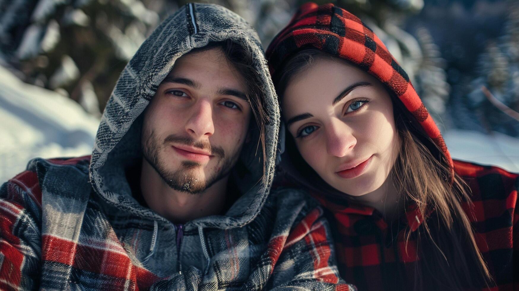young couple in hooded shirts looking at camera photo