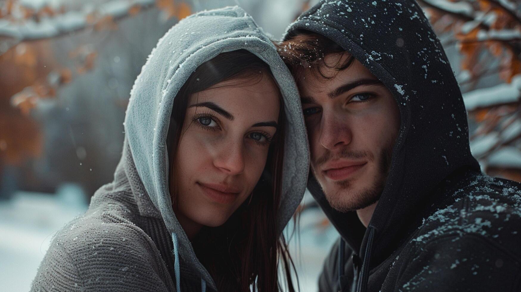 young couple in hooded shirts looking at camera photo