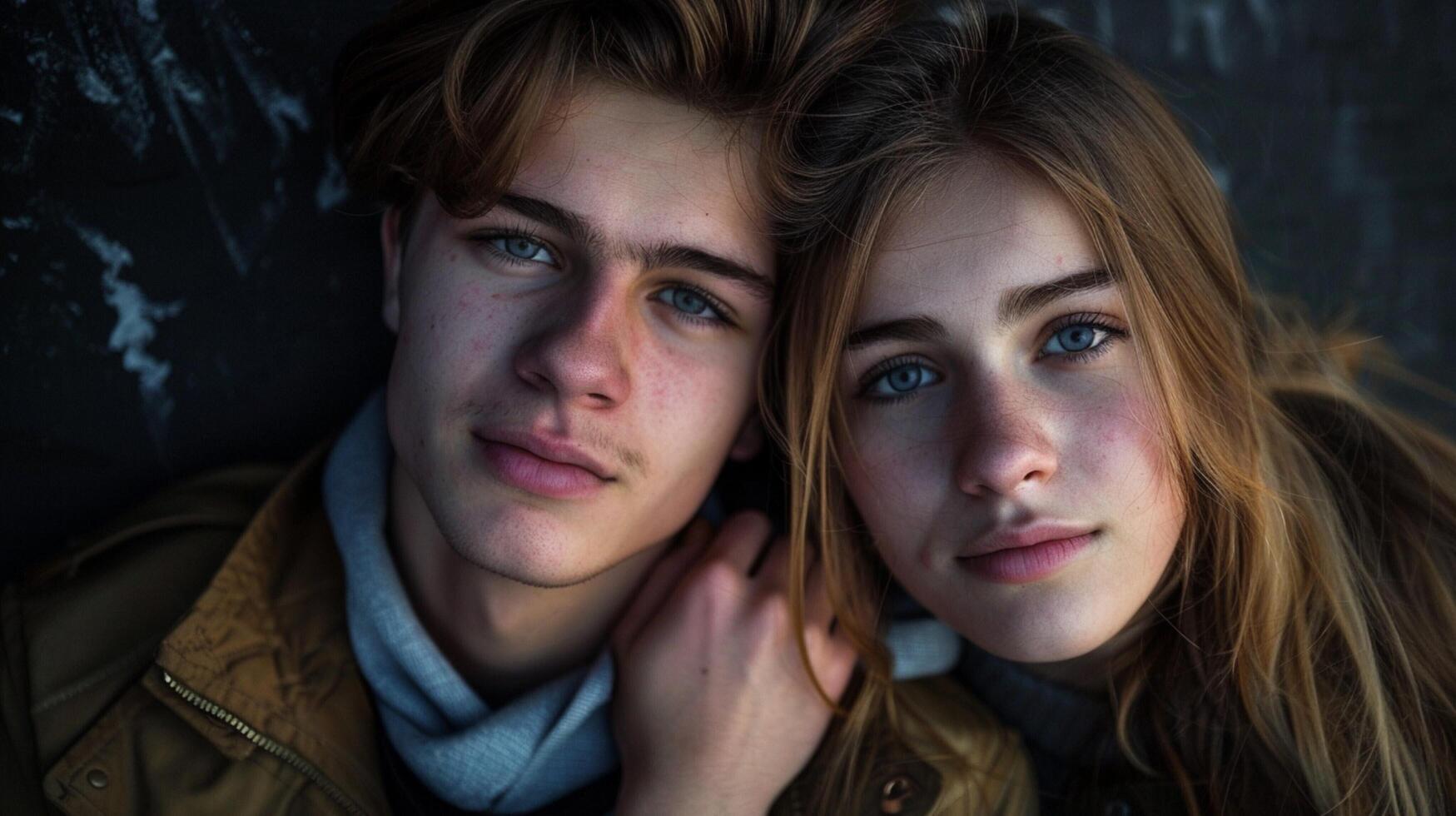 young couple in love looking at camera outdoors photo