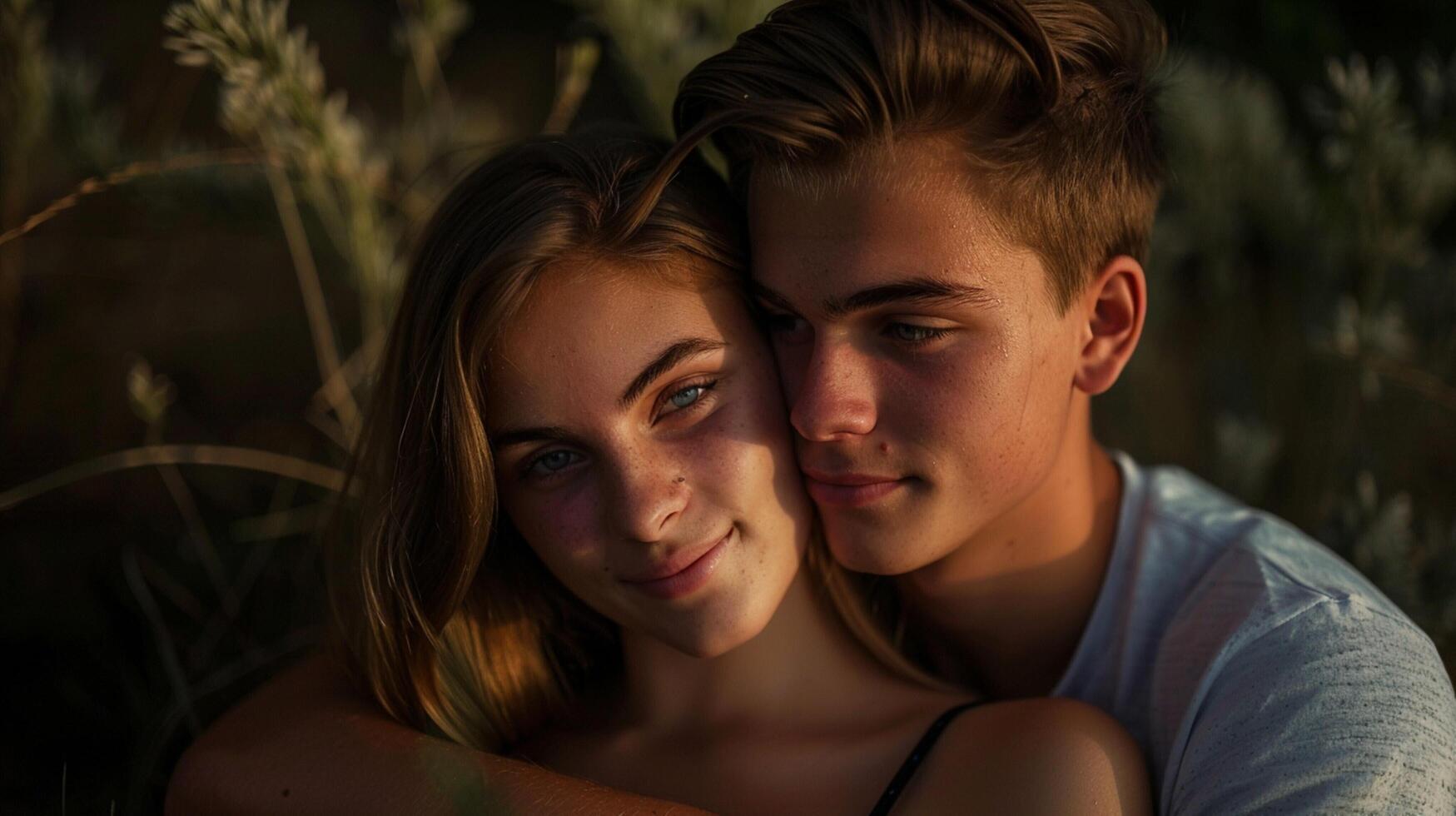 young couple in love looking at camera outdoors photo