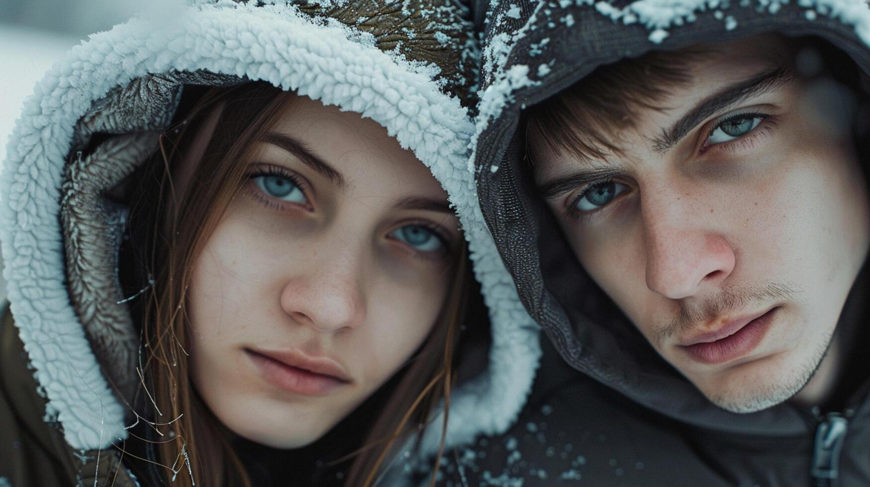 young couple in hooded shirts looking at camera photo