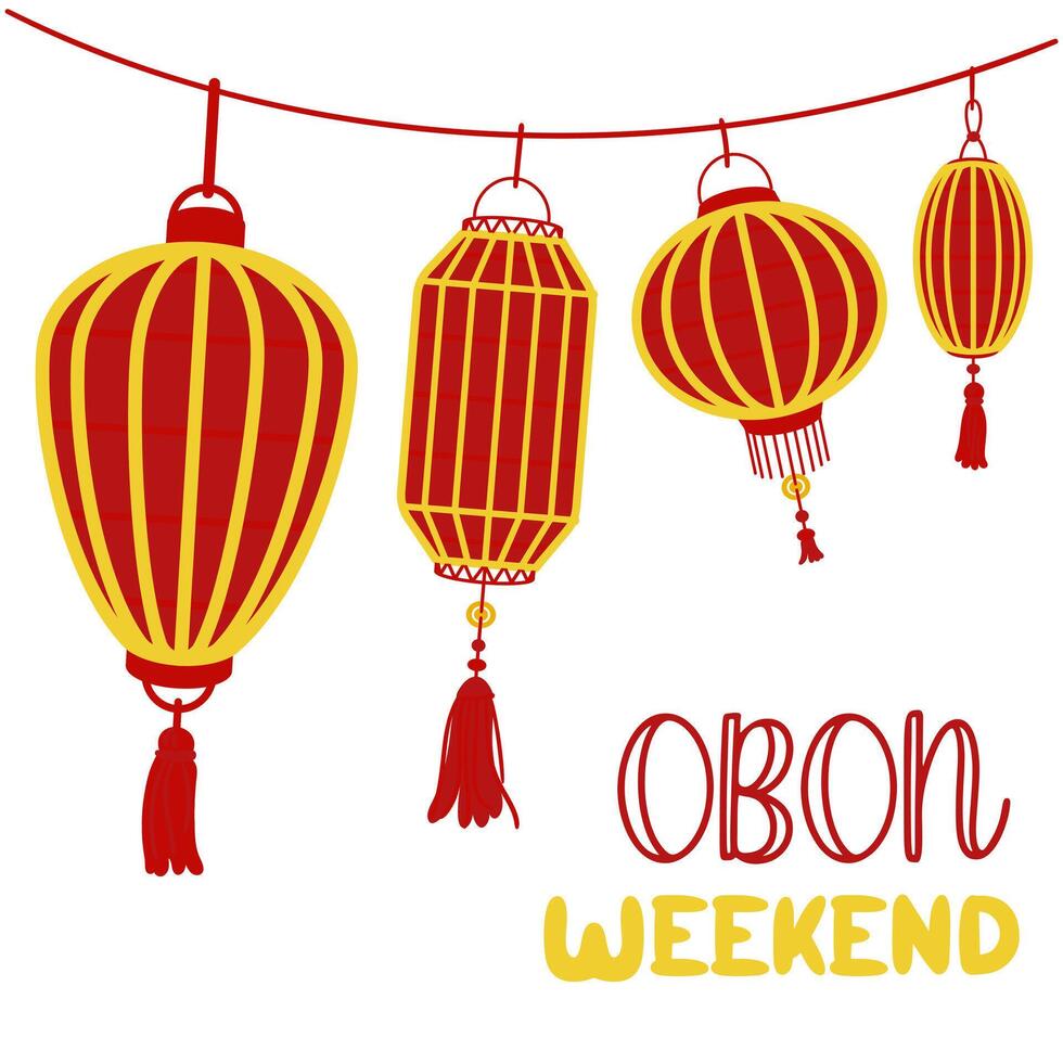 Weekend OBON. Japanese lantern festival Obon on white. A traditional summer festival. Day of the Dead in Japan from August 13-15. Lanterns red yellow with the inscription day. Relatives weekend bright vector