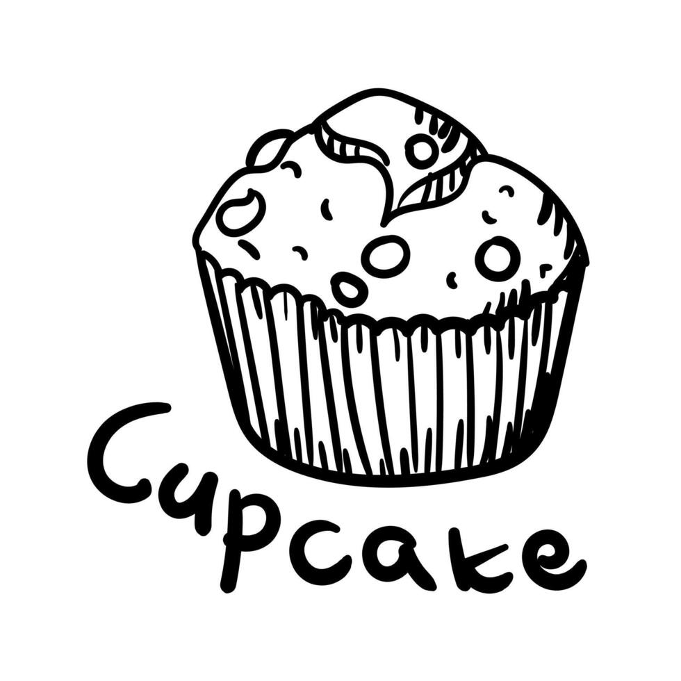 Doodle illustration with a picture of a cupcake, a black outline, and a sweet name cupcake. The image is handmade with different line thicknesses. Contour illustration for baking in cafes, bakeries, vector