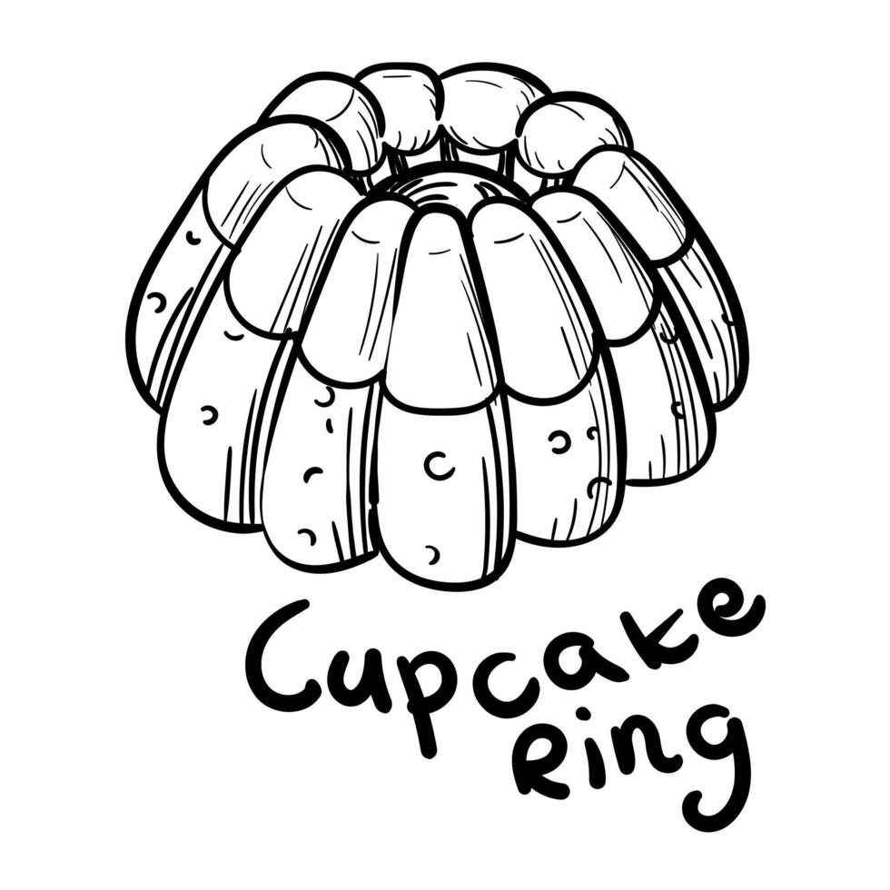 Doodle illustration featuring a pie black outline, and the sweet name cupcake ring. The image is handmade with different line thicknesses. Contour illustration for baking in cafes, bakeries vector