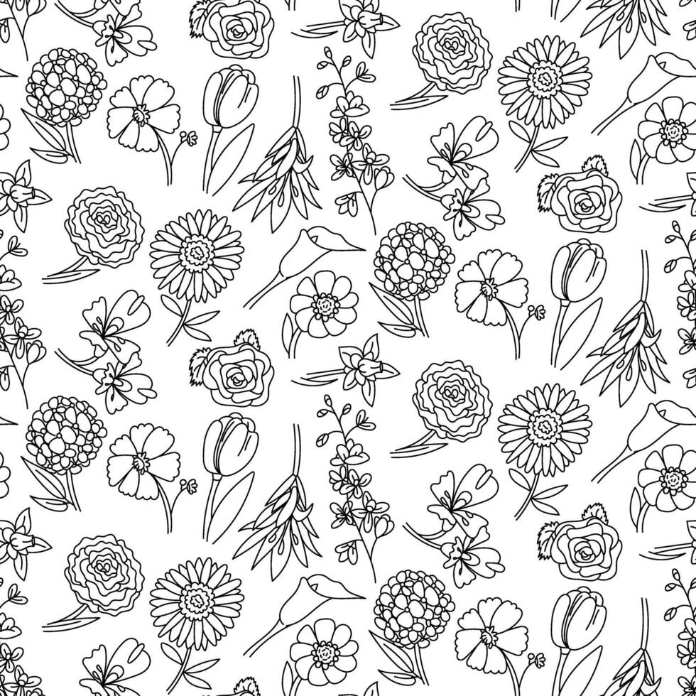 pattern with doodle colors in black. Individual branches of flowers. Linear illustration of nature. Contour elements. Perfect for adding tenderness and beauty to your design. Seamless texture vector
