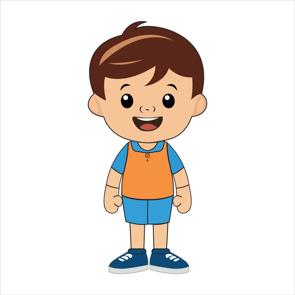 Laughing little boy flat illustration. Cheerful Asian child with a smile on face standing alone cartoon character vector