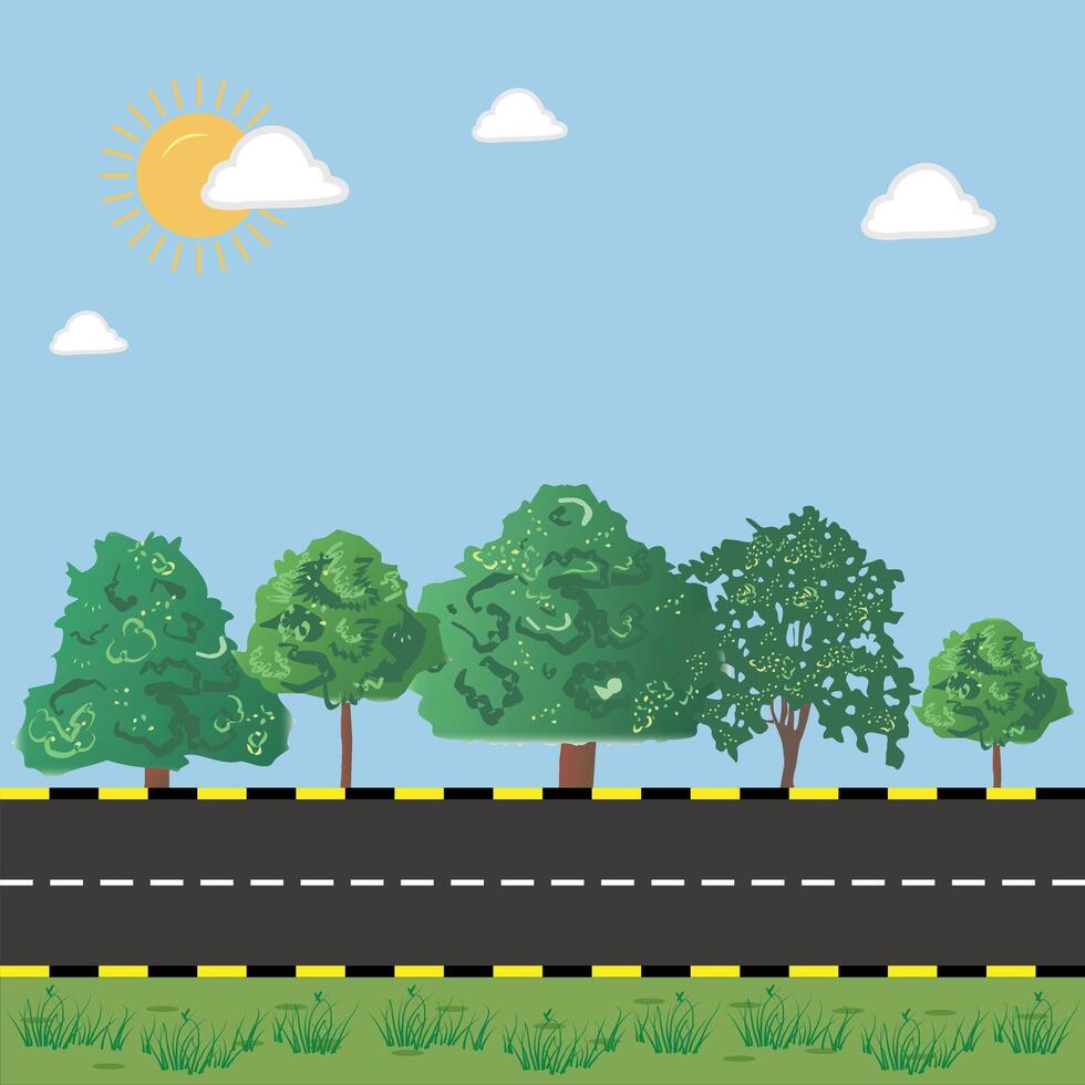 Road background of trees and green grass with the blue sky and sun vector