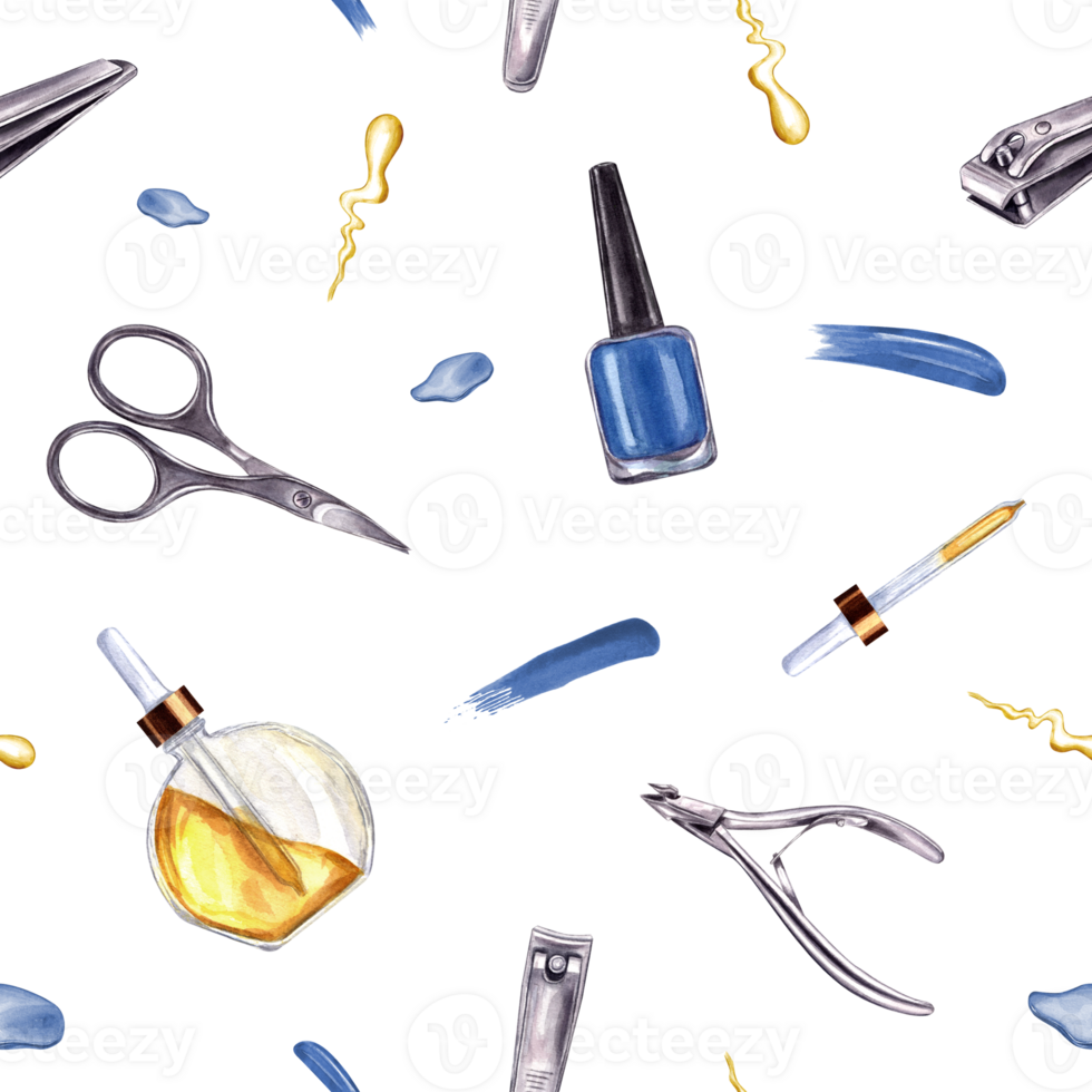 Seamless pattern featuring manicure and pedicure tools in blue and gold colors. Manicure Nail blue polish, trimmer, cuticle scissors, clippers. Glass Vial with cosmetic oil. Watercolor illustration png