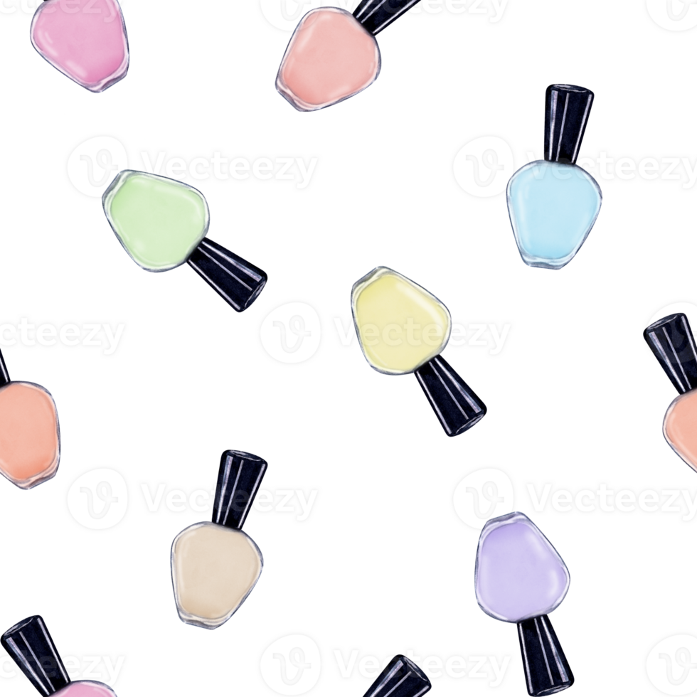Nail polish Bottles in pastel colors. Seamless pattern of flying via. Nail cosmetic care. Manicure and pedicure accessories. Watercolor illustration for package, textile, salon decor png