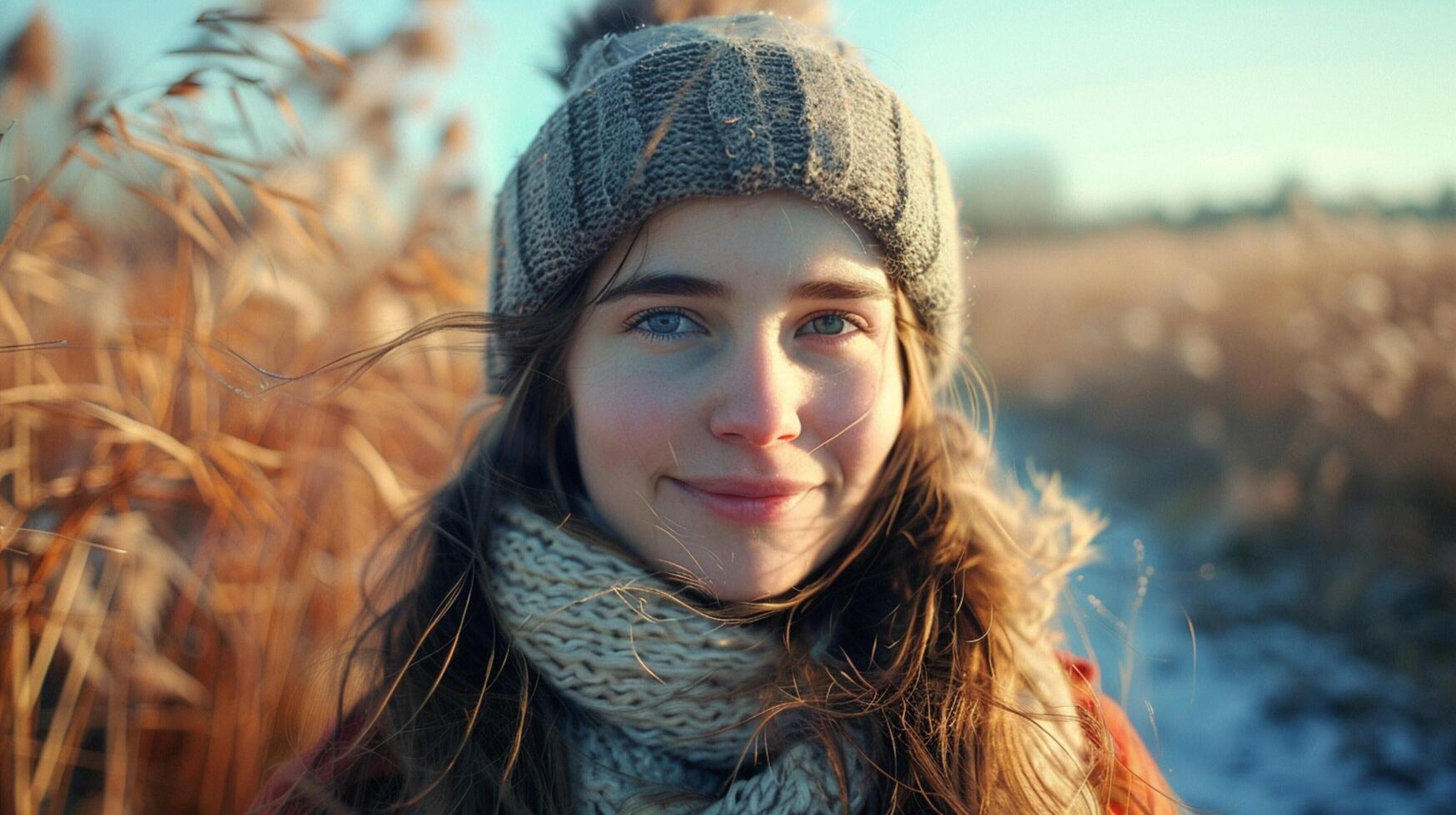 young woman outdoors looking at camera smiling photo