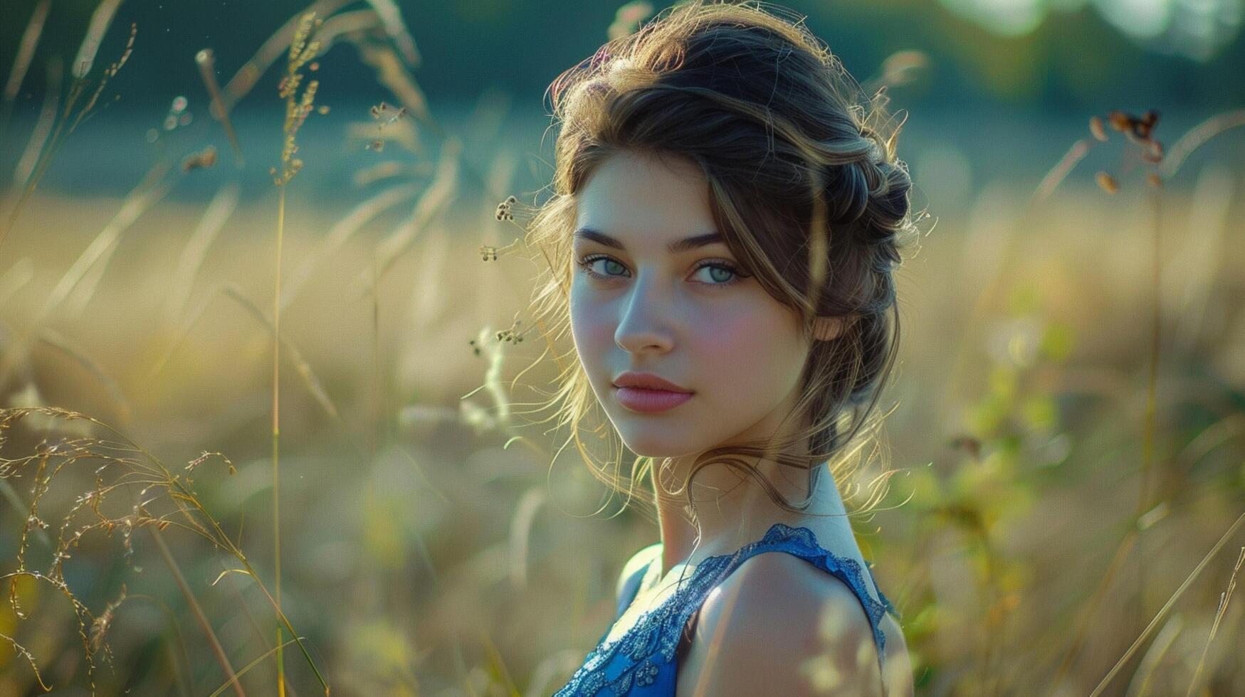 young woman in blue dress exudes elegance photo