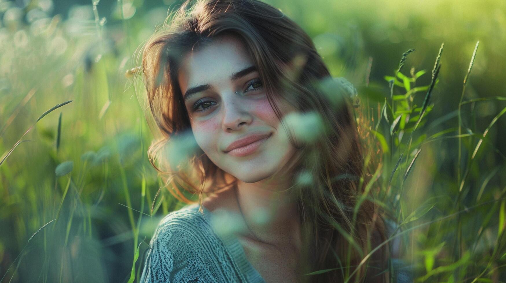 young woman outdoors looking at camera smiling photo