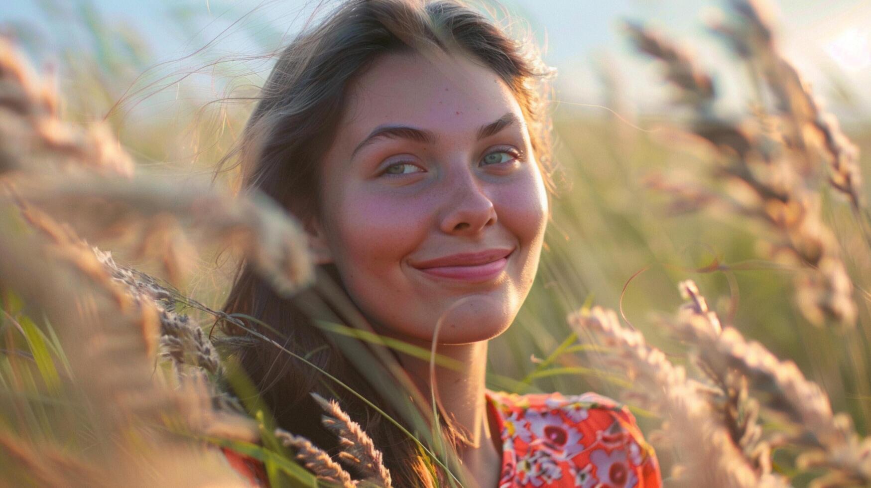 young woman outdoors looking at camera smiling photo