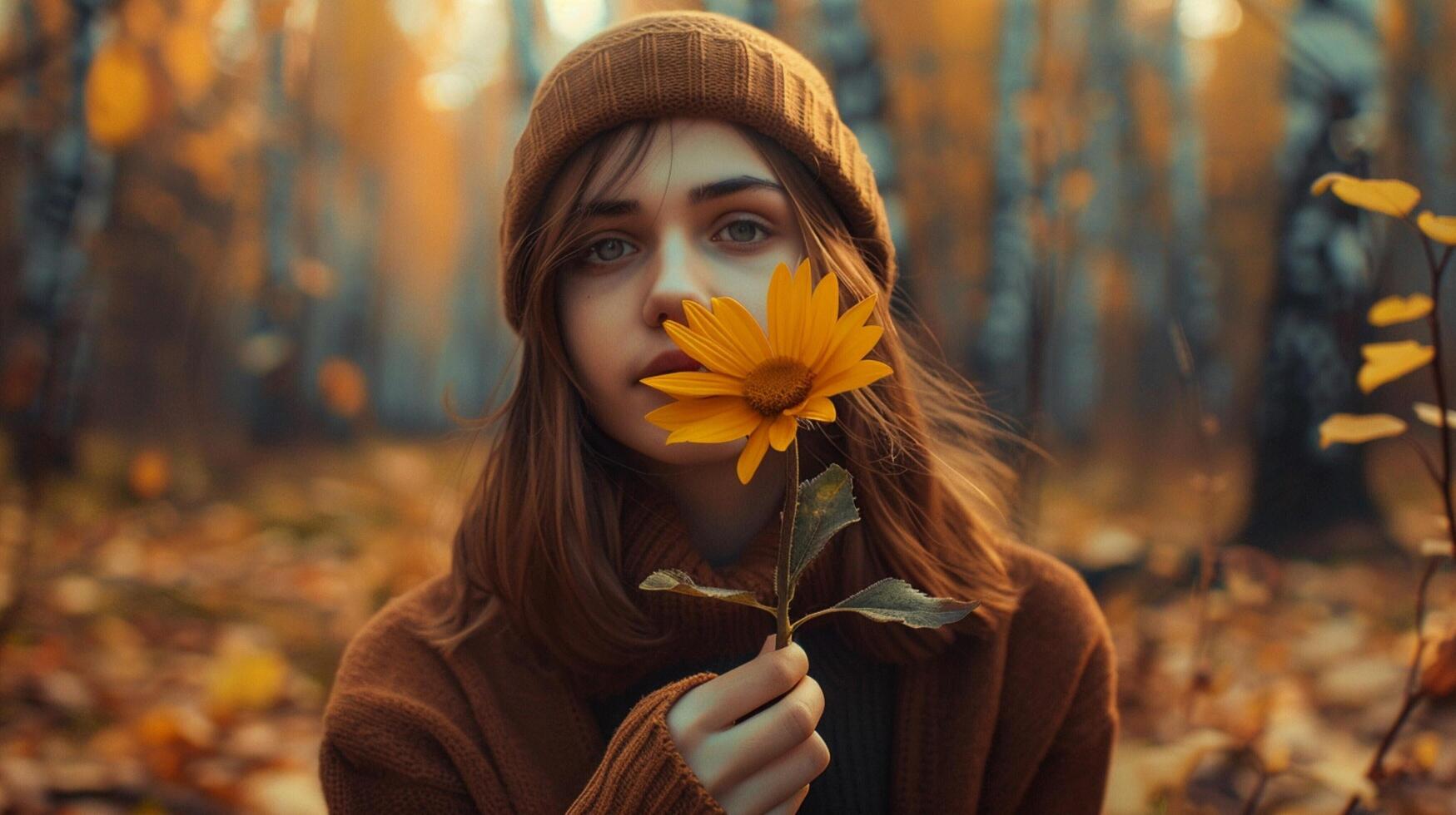 young woman in autumn forest holding yellow flow photo
