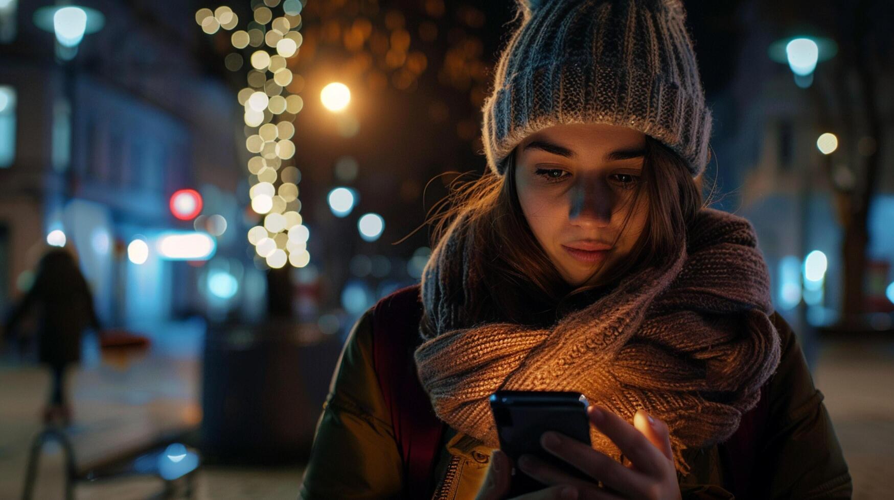 young woman illuminated night texting on phone photo