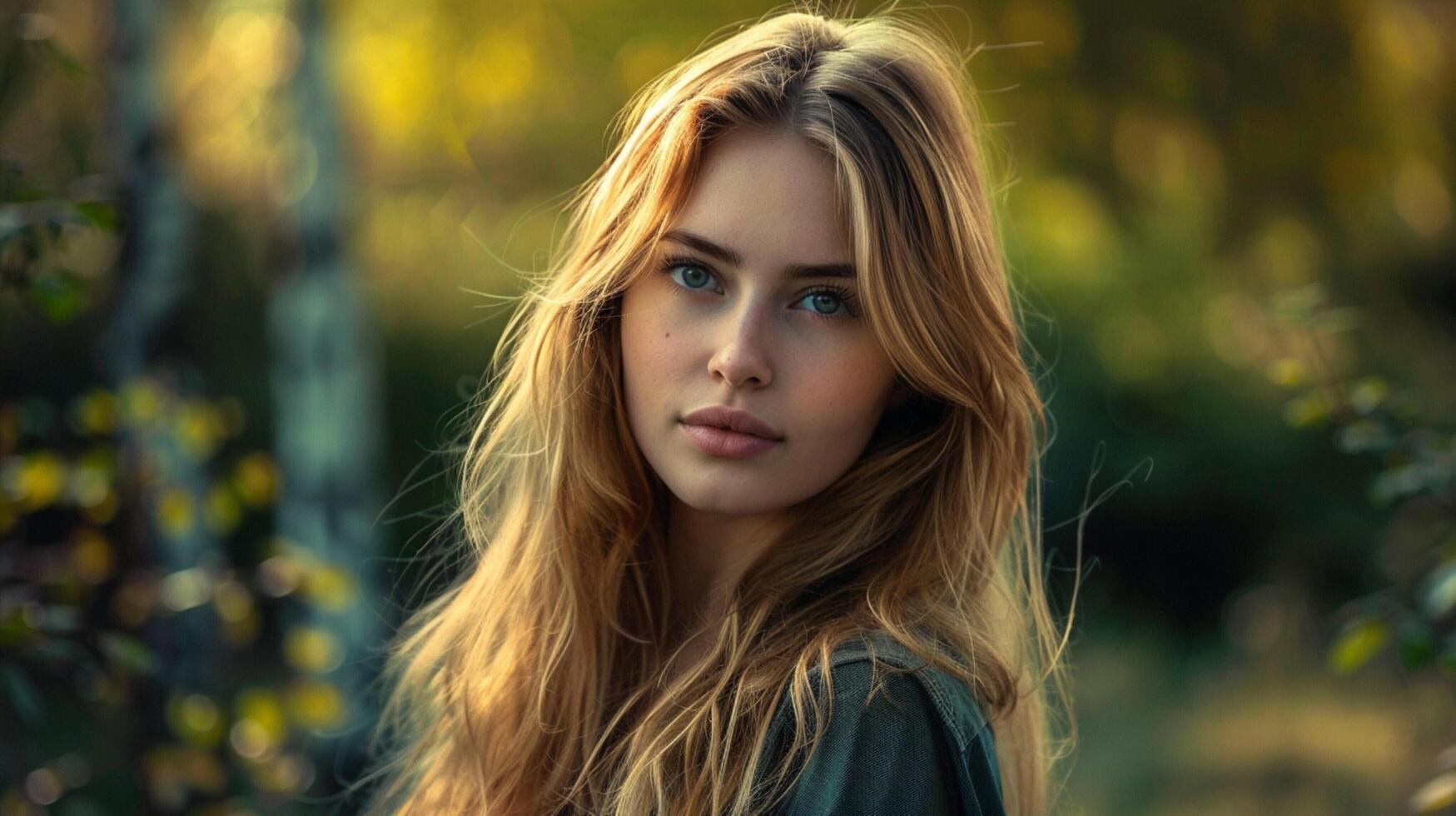 young woman with long blond hair looking at camera photo