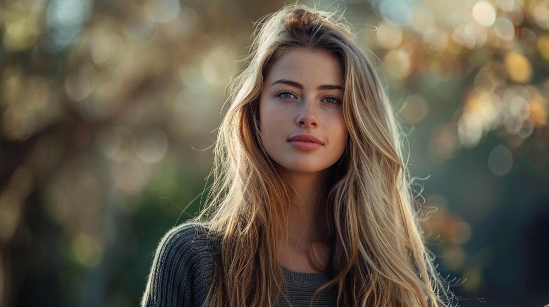 young woman with long blond hair looking at camera photo