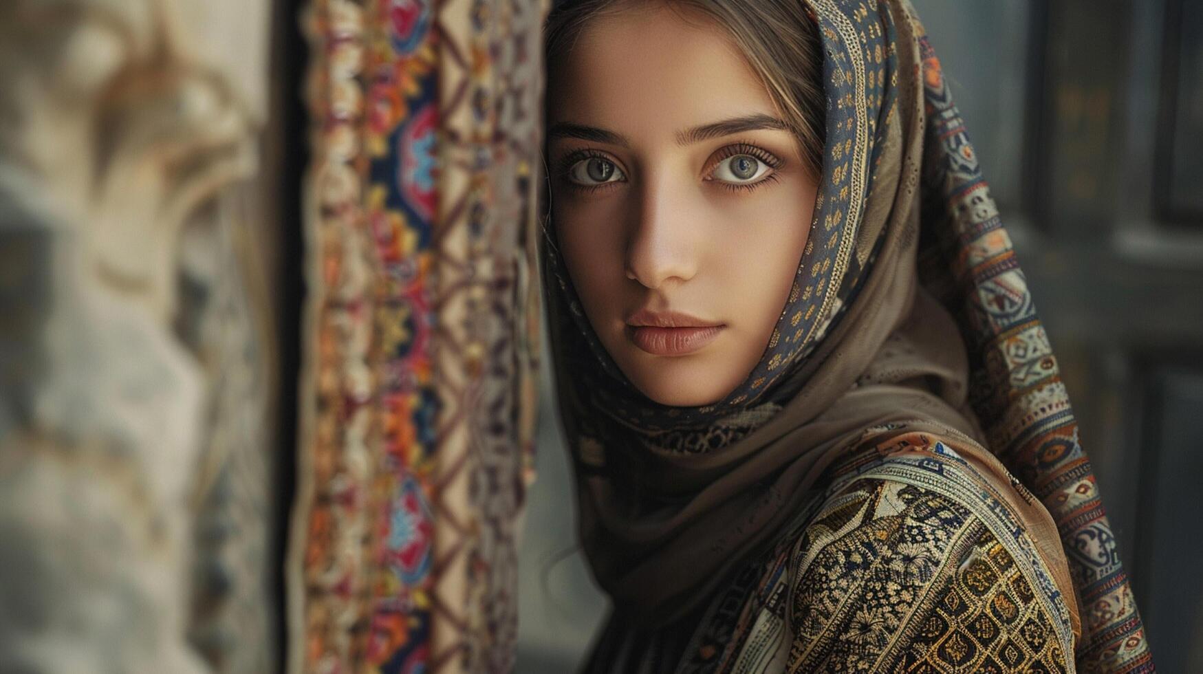 young woman in traditional clothing looking photo